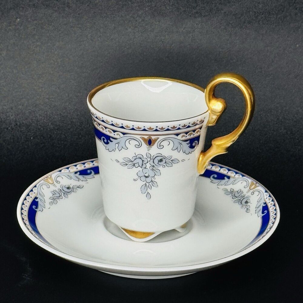 Vohenstrauss Johann Seltmann Cup Saucer Demitasse Gold Cobalt Blue BEAUTIFUL
